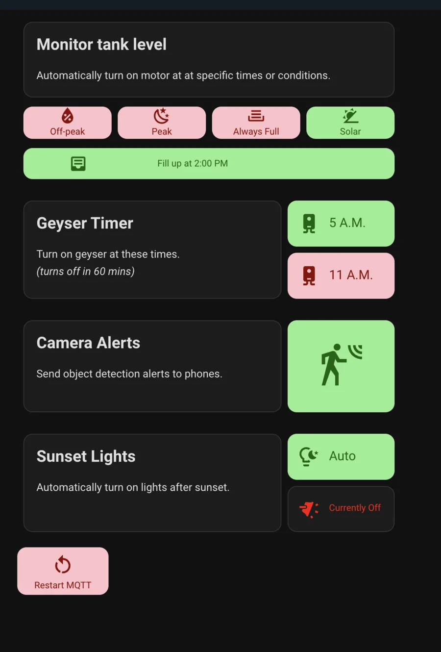 Automations: tank filling schedule, geyser timer, camera alerts and sunset lights